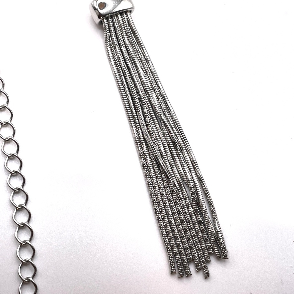 Contemporary Silver Tone Chiclet Crystal Y Tassel Long Necklace - Picture 6 of 13